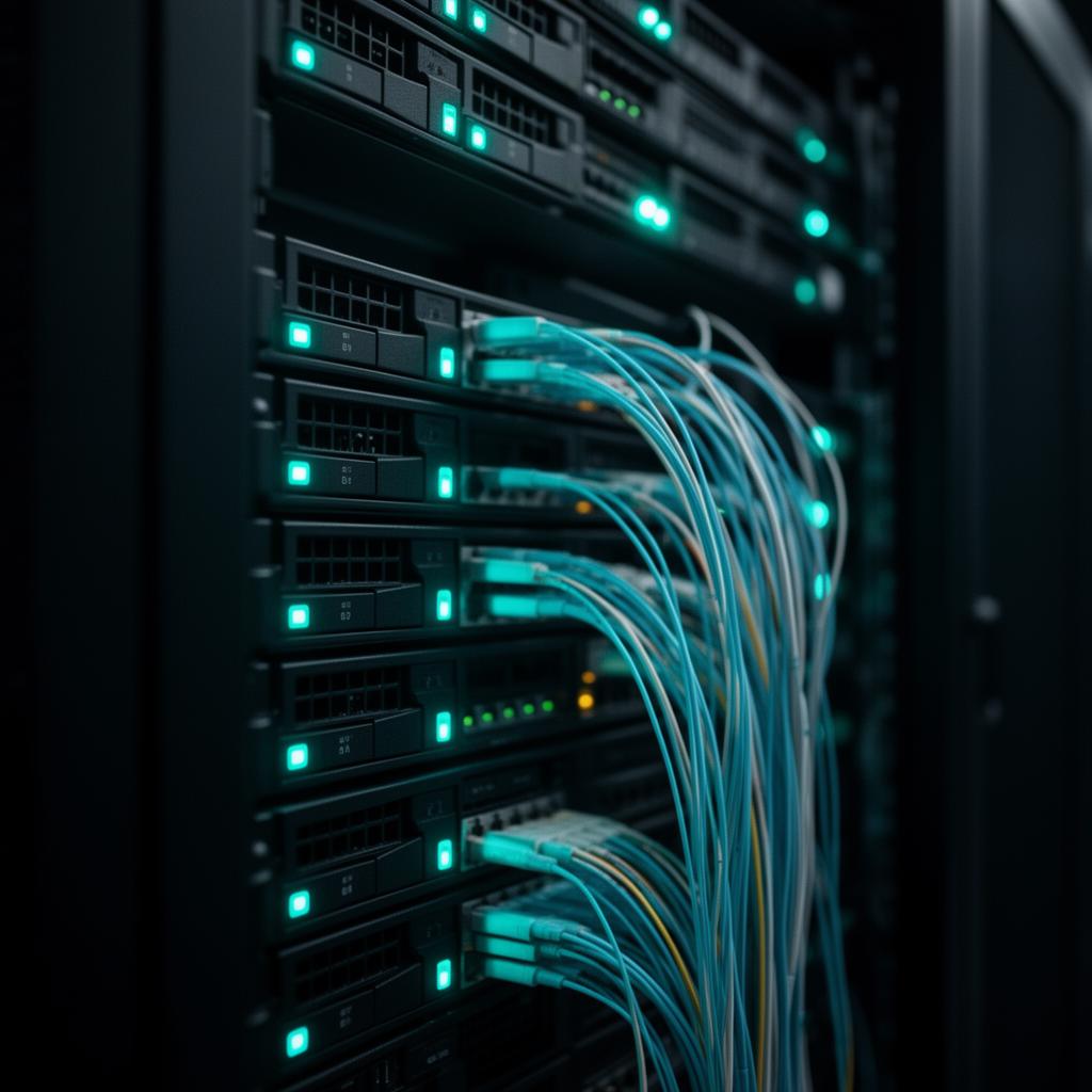 Server rack with fiber optic cables